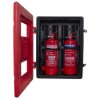 Open double extinguisher cabinet showing two extinguishers inside one labelled water mist and one labelled powder
