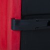 Side close up of the closing clasp on a double extinguisher cabinet in red and black colors