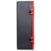 Side view of a double extinguisher cabinet in black with red vertical handles and latches
