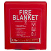 close up of a hard red plastic case for a 1 meter by 1 meter fire blanket showing written and pictorial instructions to use