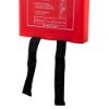 Red ultrafire fire blanket case shown angled with two black pull straps hanging down