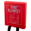 angled view of an ultrafire fire blanket in a red plastic case with instructions on the front