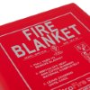 Closeup of the ultrafire fire blanket showing the red packaging with white text and instructions