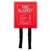 Red Ultrafire fire blanket in square case showing front with black pull tabs hanging down