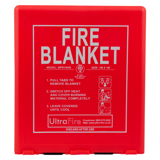 Red case showing the front of an ultrafire fire blanket with instructions and branding on the cover