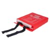 Open ultrafire fire blanket in red case showing black pull straps and part of the white folded blanket inside