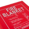 Closeup detail of ultrafire fire blanket packaging showing instructions and safety icons in red and white design