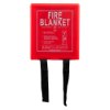 ultrafire fire blanket front view showing red case with instructions and two black pull tabs hanging down