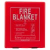 Front view of ultrafire fire blanket in a red square case with white text and instructions visible