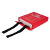 Partially open red Ultrafire fire blanket case showing folded white blanket and black handles