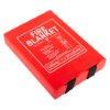 angled red case labelled ultrafire fire blanket with visible black pull straps and usage instructions