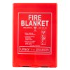 Front view of the ultrafire fire blanket in its red rectangular case with white text and instructions visible