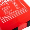 Close up of ultrafire fire blanket logo and printed safety instructions on a red background