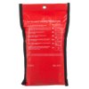 Back of a firechief economy fire blanket in red packaging with folding instructions and black trim