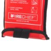 Bottom part of a red firechief economy fire blanket pouch with black strap and printed instructions