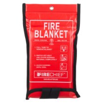 Front view of red firechief economy fire blanket packaging with white text and instructions