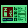 Illuminated jalite powder extinguisher ID sign showing fire safety categories A B C and electrical hazards