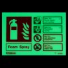 Illuminated jalite foam extinguisher id sign showing safety information and warnings for foam spray use in green light