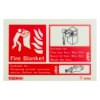 fire blanket id sign landscape showing instructions with icons and text on a white and red background front view