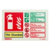 Front of wet chemical id sign landscape showing fire extinguisher icon with safety and hazard instructions in green and red text