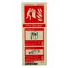 side view of fire blanket id sign portrait front on showing red and white safety instructions and images
