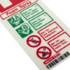 Close up of foam portrait id sign showing safety instructions and hazard symbols in red and green text