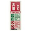 Front view of foam portrait id sign showing fire extinguisher symbol and safety information in red and green text