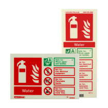 group shot of a landscape and portrait sign showing the types of fire a water extinguisher can be used on 