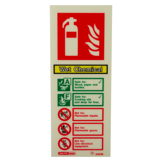 jalite wet chemical extinguisher id sign showing symbols and safety information on front label