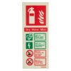 Front view of a dry water mist extinguisher sign showing safety information and usage instructions