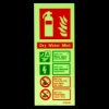 Illuminated dry water mist extinguisher sign showing usage instructions and safety information in green and red text