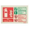 dry water mist extinguisher sign showing safety instructions for use on wood, paper, textiles, and electrical equipment