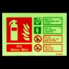 Illuminated dry water mist extinguisher sign showing safety instructions and usage guidelines on a glowing background
