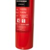 Close up of the label on a refurbished 2kg co2 fire extinguisher showing safety instructions and warnings