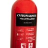 Close up of label instructions on refurbished 2kg co2 fire extinguisher showing steps to operate and safety information