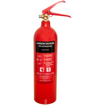 refurbished co2 fire extinguisher shown from the front with red cylinder and black label on white background
