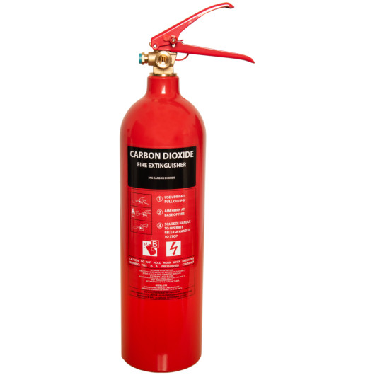refurbished co2 fire extinguisher shown from the front with red cylinder and black label on white background