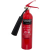 a front image of the refurbished 2kg co2 fire extinguisher with a black frost free horn