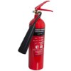 Angled view of a refurbished 2kg co2 fire extinguisher with a black horn attached to the red cylinder