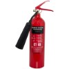 Refurbished 2kg co2 fire extinguisher with horn shown from the front against a white background