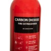 Close up of the label on a refurbished 5kg co2 fire extinguisher showing usage instructions and warnings