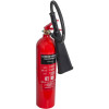 an angled view of a refurbished 5kg co2 fire extinguisher with hose and horn