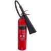 refurbished 5kg co2 fire extinguisher shown upright with a black horn attached at the front