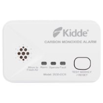 Front view of a carbon monoxide alarm showing buttons and indicator lights on a white rectangular device