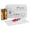 Kidde carbon monoxide alarm with two AA batteries, white back plate and two fixing screws with red plugs