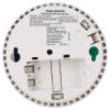 Back view of a smoke alarm showing the open battery compartment and product information label