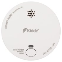 Front view of a round smoke alarm with a test button and ventilation holes visible