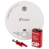 smoke alarm with battery and two fixing screws shown on a white background