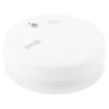 angled view of a white Kidde Firex mains powered optical smoke alarm with alkaline battery backup
