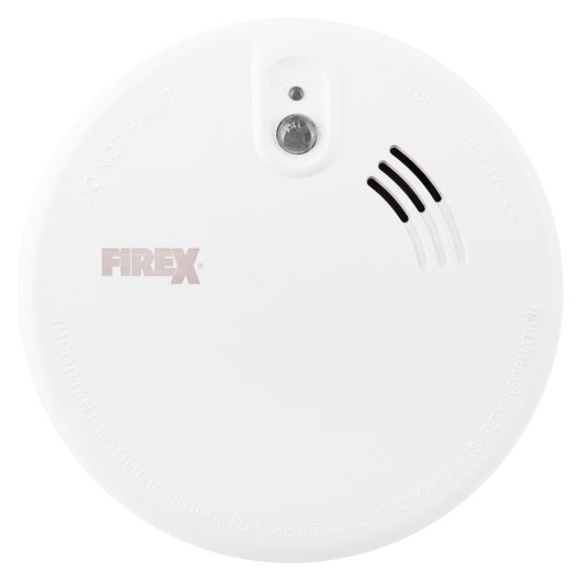 Kidde Firex Mains Powered Optical Smoke Alarm Alkaline Battery Backup Front view of kidde firex mains powered optical smoke alarm alkaline battery backup in white with sensor and vent details